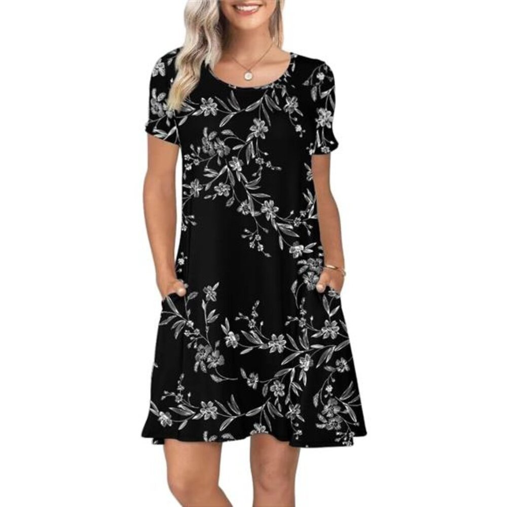 Women's Summer Casual Short Sleeve Crew Neck T Shirt Dresses Loose Swing with